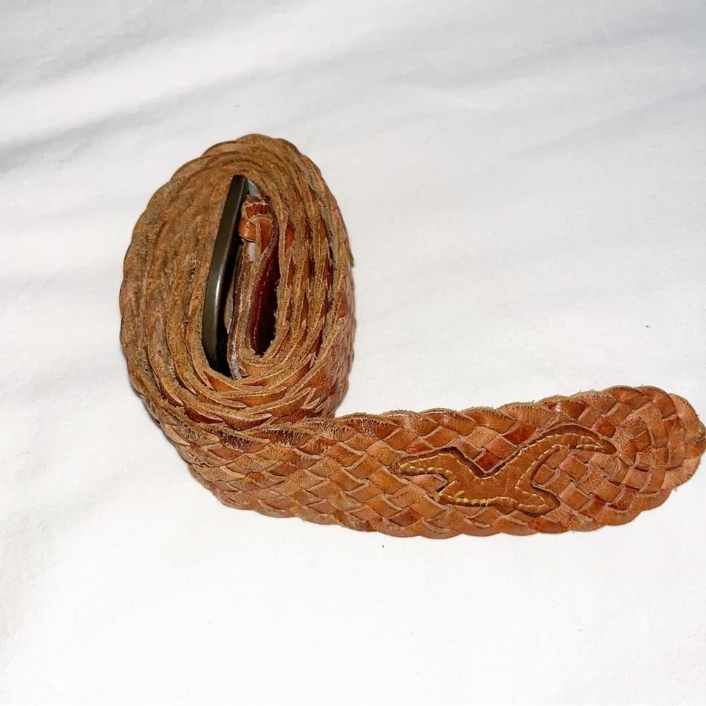 Hollister Woven Braided Leather Belt Women XS S Brown Brass Buckle Vintage